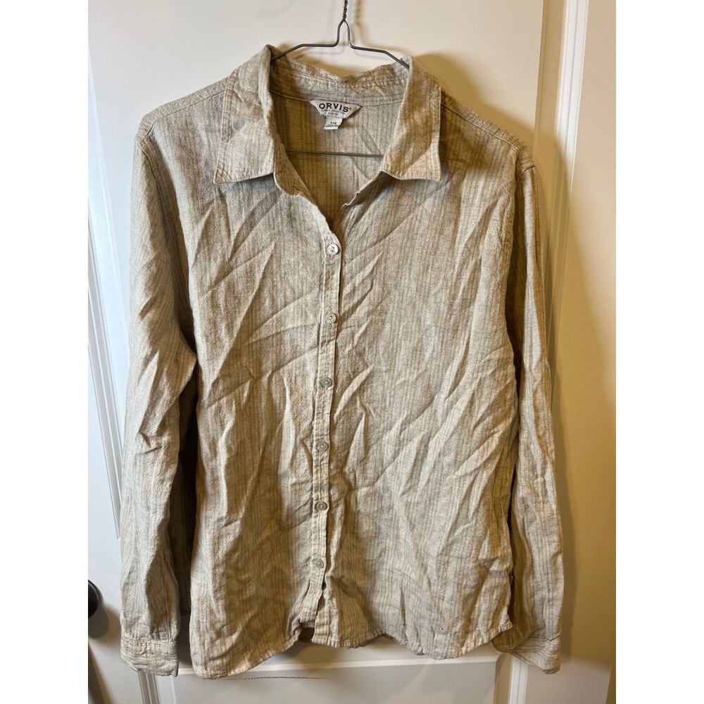 Orvis Womens Button Down Shirt Linen Blend Beige Large